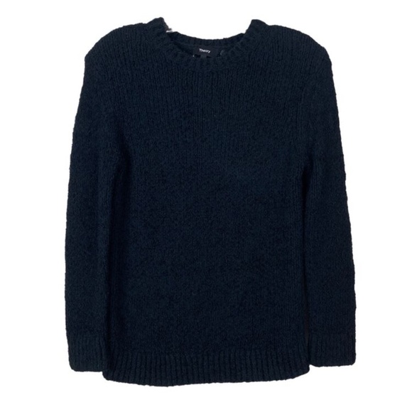 Theory Black Shrunken Fit Crewneck Sweater Feathered Cotton Linen - Picture 6 of 8